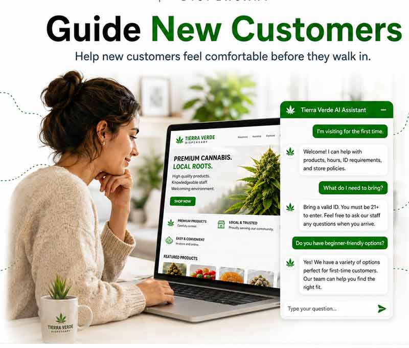 Cannabis dispensary chat bot design showing a woman using an AI chatbot on a laptop