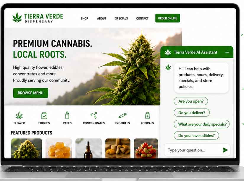 Cannabis dispensary chatbot design showing an AI assistant answering customer questions